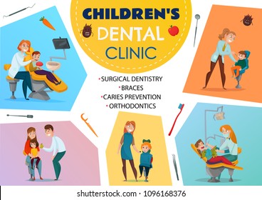 Colored pediatric dentistry poster children s dental clinic orthodontics braces surgical dentistry caries prevention descriptions vector illustration