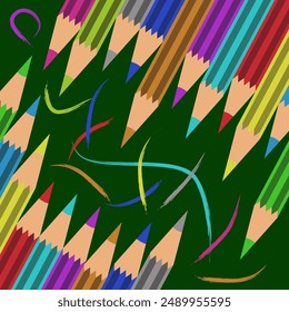 Colored pencil background. Collection of colored pencils. Isolated illustration of colored pencils. EPS 10.