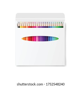 Colored pencil box set - realistic blank white mockup with colorful sharpened pencils collection. Isolated vector illustration of coloring supplies package.