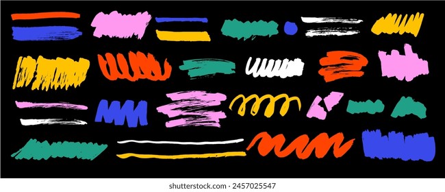 Colored pencil curly lines and squiggles, wide strokes. Scribble strokes vector set. Colored hand drawn marker scribbles. Multicolored pencil sketches, drawings.  