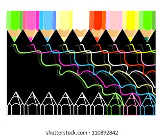 Colored pencil drawing line vector illustration on black background