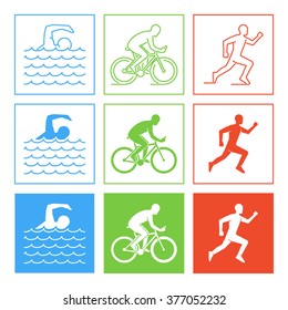 Colored pencil drawing of the logo triathlon. Figures triathletes on a white background. Swimming, cycling and running symbol.