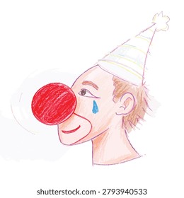 A colored pencil drawing showing the profile of a sad clown wearing a white party hat and a large red nose with a blue teardrop under the eye