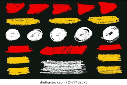 Farbstift Hand gezeichnet lockige Linien und Schnörkel, breite Striche, Kreise. Scribble Strokes Vektorgrafik Set. Farbige handgezeichnete Marker-Scribbles. Bunte Bleistiftskizzen, Zeichnungen.  