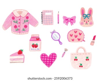 Colored pencil hand drawn cute pink elements illustration