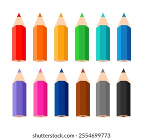 Colored pencil icons, color pencils, collection varicolored pencils, multicolored pencils. Vector illustration.
