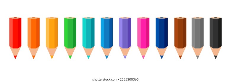 Colored pencil icons, color pencils, collection varicolored pencils, multicolored pencils. Vector illustration.
