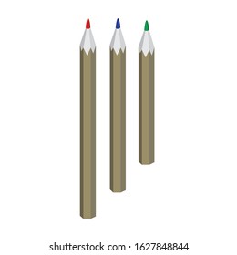 A colored pencil iholated on a white background for design. A 3D vector stock illustration and three pencils as a logo for creativity, art school or stationery