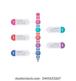 Plantilla de infografía de lápiz de color. revista, Plantilla de infografía de informe anual. Plantilla de cinco pasos. Infografía Plantilla para el mundo de la educación, ciencia, salud, negocios, economía