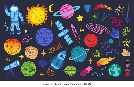Colored pencil planets. Children style drawing space elements, universe adventures. Astronaut, sun, saturn, satellite. Grunge stars, comets neoteric vector set