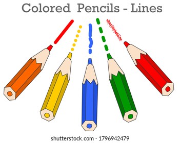 Colored pencil set. Different lines types. Dash, dotted, ragged, stipple hatch line. Blue, green, yellow, red outline. Cartoon, Colorful, chubby pens. School illustration.  Drawing, writing Vector