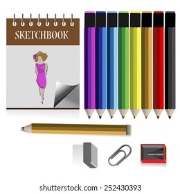 Colored pencil  set, a graphite pencil, eraser, sharpener and sketchbooks in vintage style