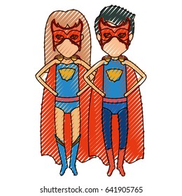 colored pencil silhouette with faceless couple of superheroes flying with hands in your waist vector illustration
