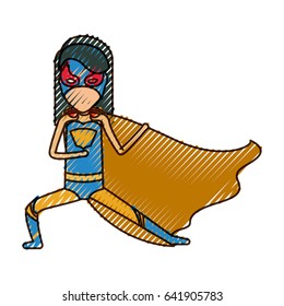 colored pencil silhouette with faceless girl superhero in defensive pose vector illustration