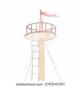 A colored pencil sketch depicting the crow's nest platform of a ship mast with a small flag at the top and a ladder attached to the side.