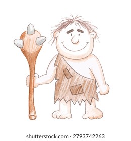 A colored pencil sketch of a smiling prehistoric man dressed in a fur tunic and holding a spiked wooden club