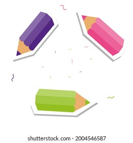 colored pencil stickers on a white background Purple, pink, green