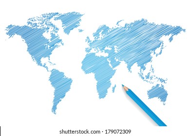 Colored pencil world map vector illustration