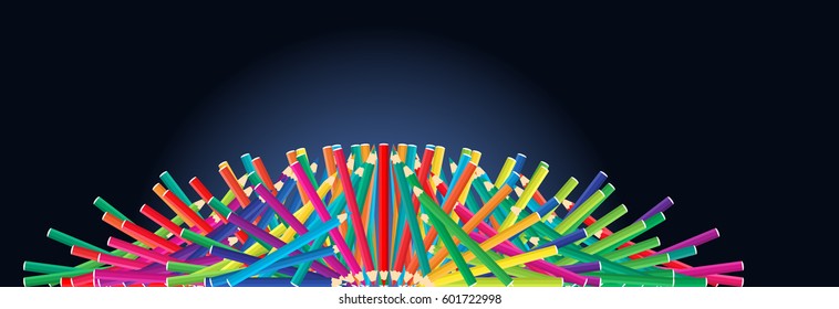 Colored Pencils Abstract Formation Isolated Vector Illustration on Dark Background. 