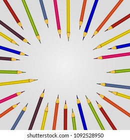 Colored pencils around white background vector frame. Text template.