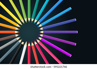 colored pencils arrange in color wheel isolated vector illustration on dark background. 