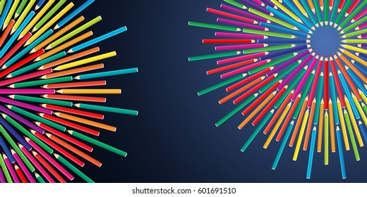 Colored Pencils arrange in color Wheel, Isolated Vector illustration on Dark Background. 