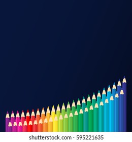 colored pencils arrange in curved shape isolated vector illustration on dark background. 