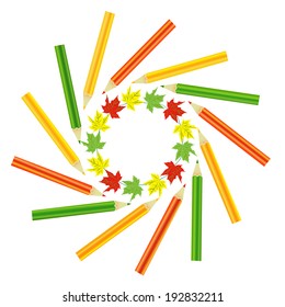 colored pencils arranged in a circle  as a frame, autumn