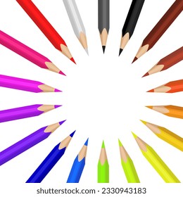 colored pencils arranged in a circle isolated on white background