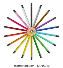 Colored pencils arranged in circle like rays of sun. Color pencils on white background.