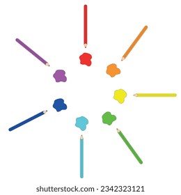 Colored pencils are arranged in a circle with spots of the same color