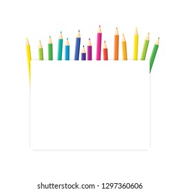 Colored pencils arranged in a row with copy space for note, text, on white background. Rainbow colors Bright print. 