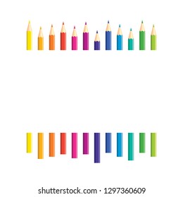 Colored pencils arranged in a row with copy space for note, text, on white background. Rainbow colors. Bright print. 