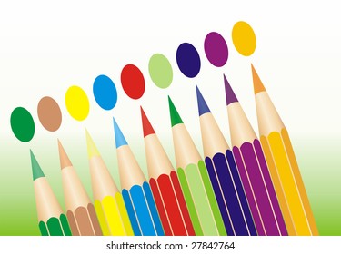 Colored pencils arranged in a row with spots in the same color.