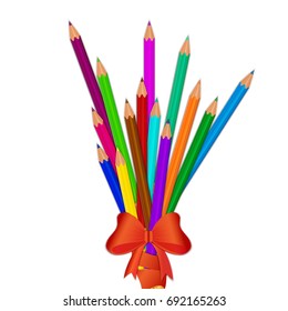 Colored pencils bandaged with red ribbon with bow on white background. Vector illustration.