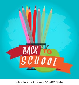 Colored pencils in a basket with an apple. Back to school poster - Vector
