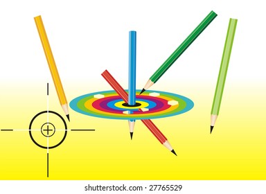 Colored pencils with a black dartboard.