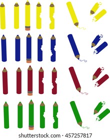 Colored Pencils in blue red yellow and green color isolated on white background in different states