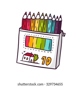 Colored pencils, bright vector children illustration of cute box of color pencils isolated on white