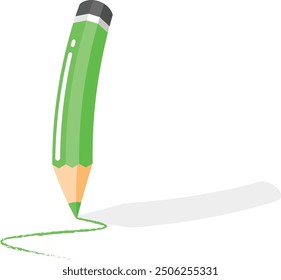 A colored pencils cartoon drawing a line on white background. Green colored pencils drawing.