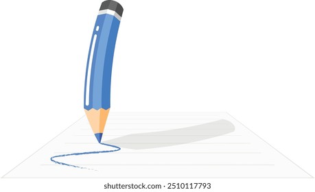 Un dibujo animado de lápices de colores que dibuja una línea sobre papel sobre fondo blanco. Dibujo de lápices de colores azules.