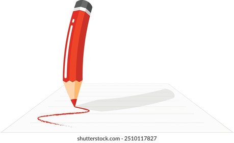 Un dibujo animado de lápices de colores que dibuja una línea sobre papel sobre fondo blanco. Dibujo de lápices de colores rojos.