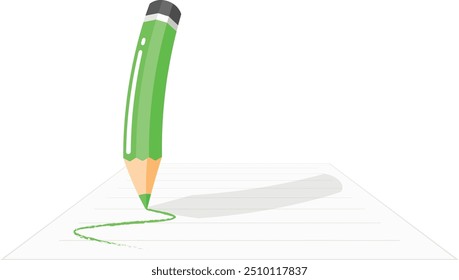 A colored pencils cartoon drawing a line on paper on white background. Green colored pencils drawing.