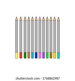 Colored pencils for children and students, hobbies. Twelve colors of children's multi-colored pencils. Isolated icon on a white background. Back to school. School supplies. Vector