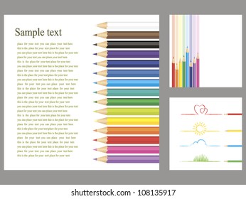 colored pencils and children's drawings on a white isolated background