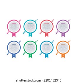 colored pencils, colored circles infographic template. eight options infographic template. internet, web, magazine, annual report information template