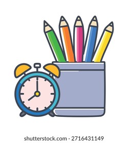 Lápices de colores e ícono de Vector de reloj para la vuelta a la escuela, la Educación y los conceptos de gestión del tiempo. Lápices de colores de regreso a la escuela con el ícono del Vector del reloj para el aprendizaje, el aula y la planificación del estudio