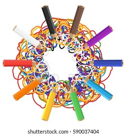 Colored pencils with colorful scribbles isolated on white background. Vector illustration