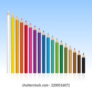 Los lápices de colores, los lápices de colores con diferentes lentes, cada vez más cortos. Fondo de gradiente azul de ilustración vectorial aislada.
