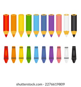 Colored pencils and crayons isolated on white background.